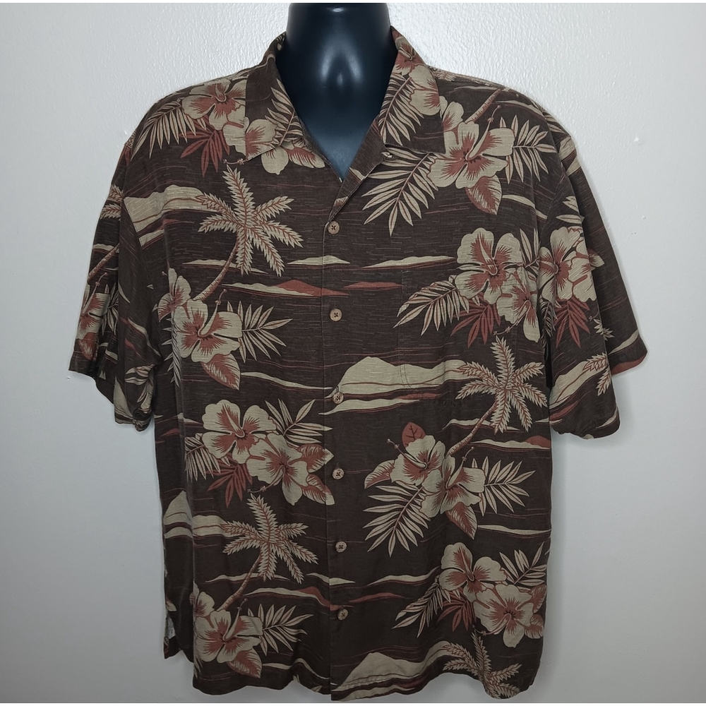 Tommy Bahama Men's Large Camp Shirt Hawaiian Brown Silk Floral Beach Relax EUC